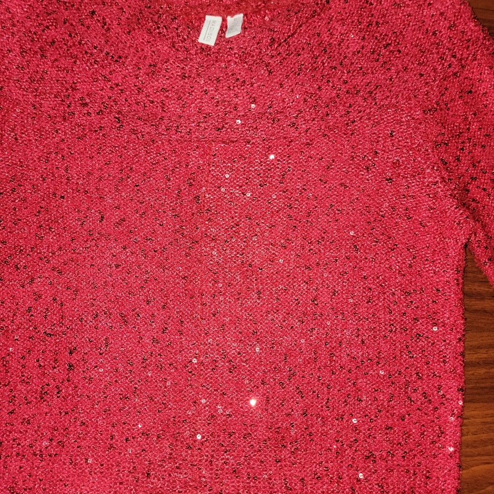Madison Red Sequin Cowl Neck Sweater Small 3/4 Sleeves Pullover - Picture 8 of 16